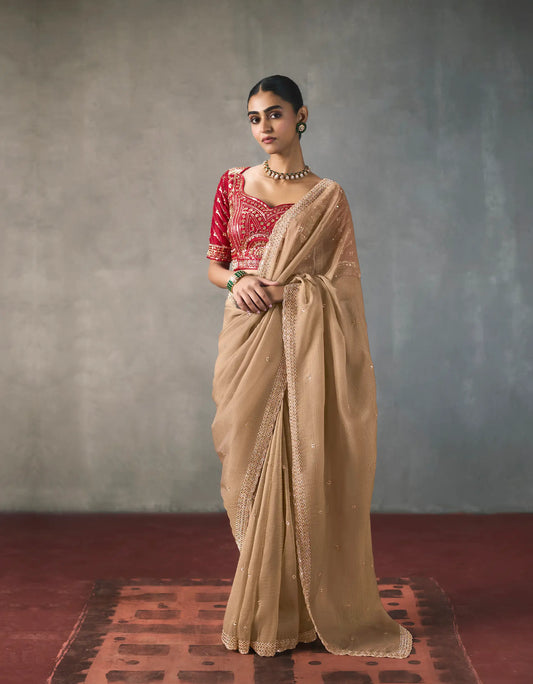 Dark Beige Bead Work Party Wear Saree