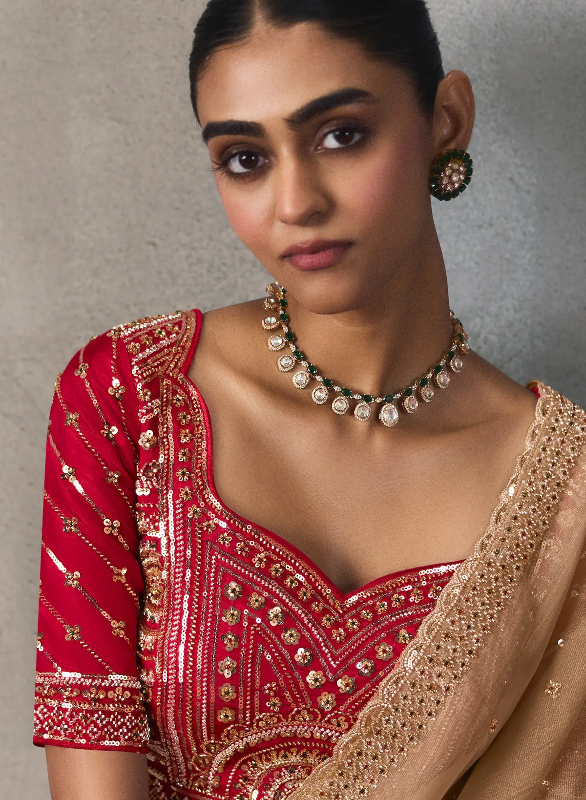 Dark Beige Bead Work Party Wear Saree
