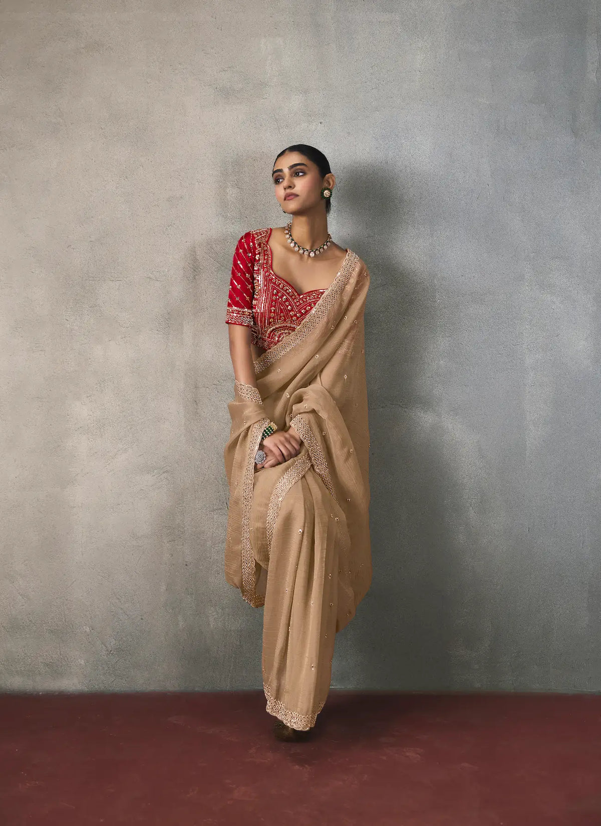 Dark Beige Bead Work Party Wear Saree