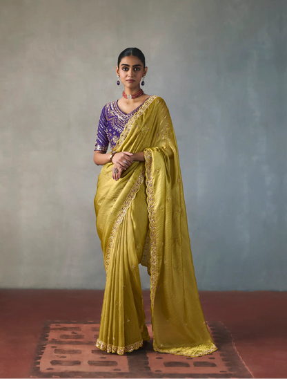 Olive Yelllow Bead Work Party Wear Saree