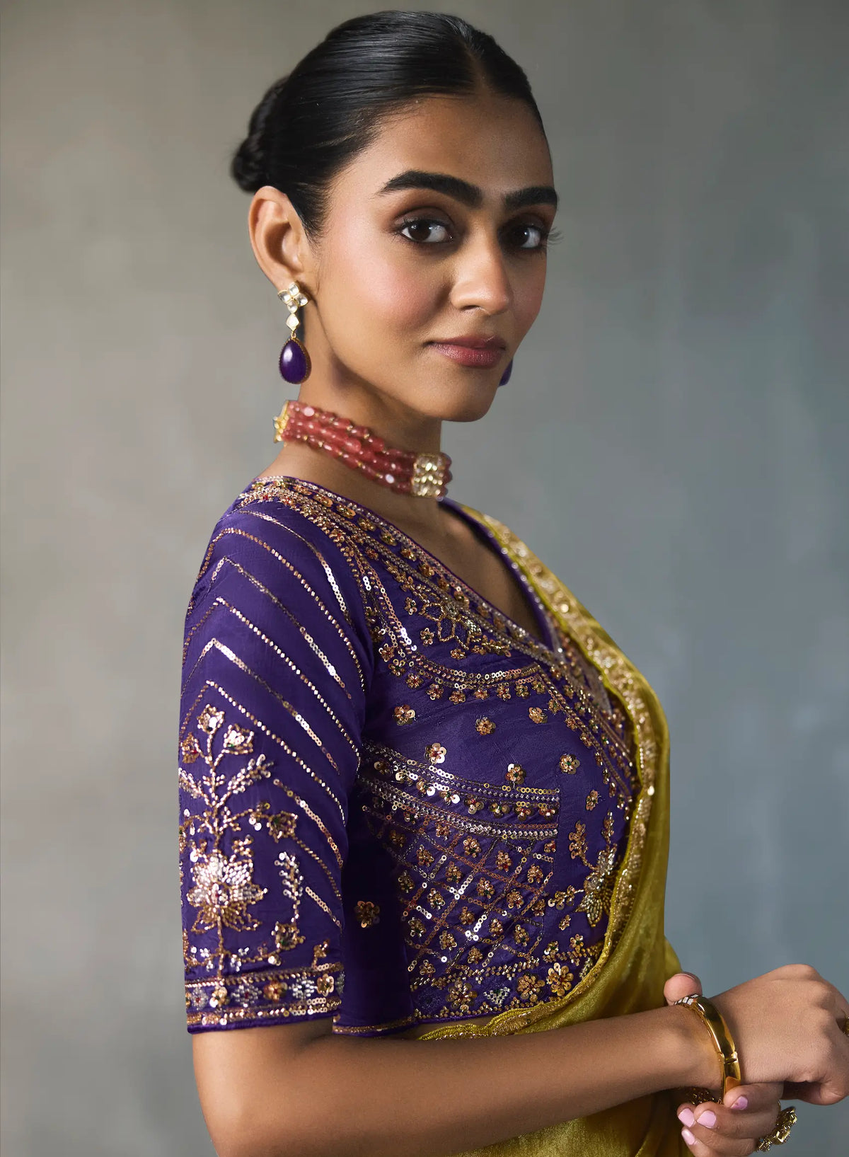 Olive Yelllow Bead Work Party Wear Saree