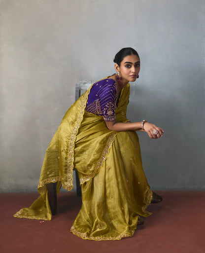 Olive Yelllow Bead Work Party Wear Saree