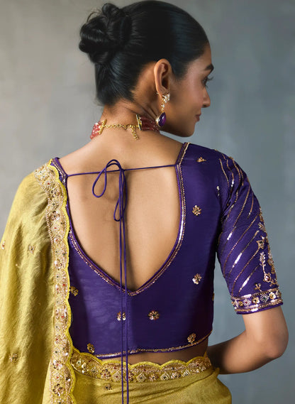 Olive Yelllow Bead Work Party Wear Saree