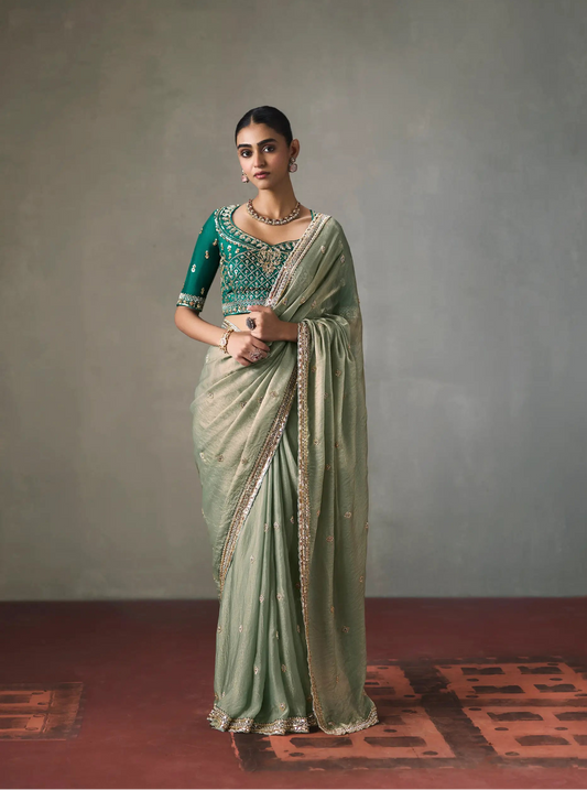 Sage Green Bead Work Party Wear Saree