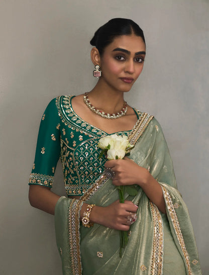 Sage Green Bead Work Party Wear Saree