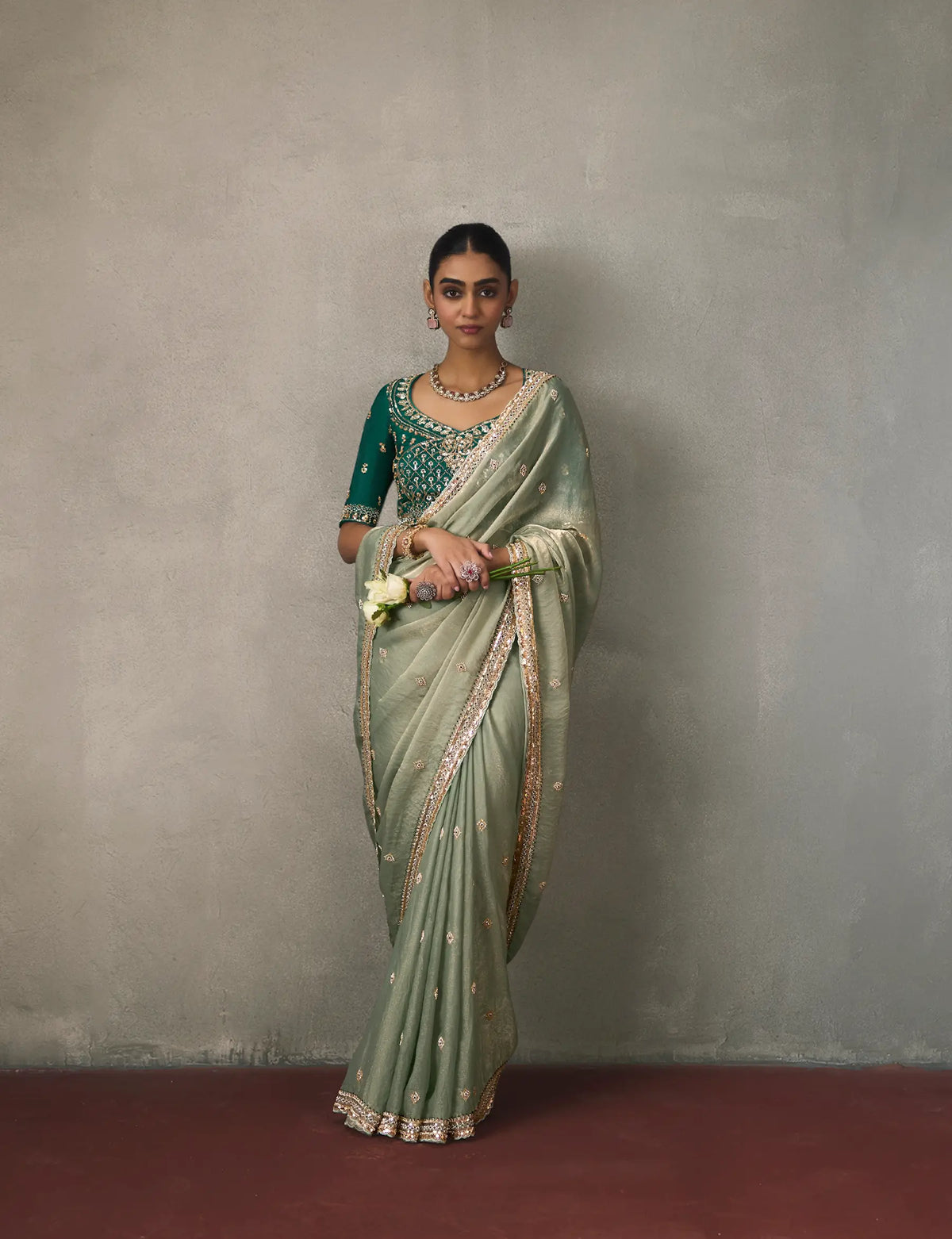 Sage Green Bead Work Party Wear Saree