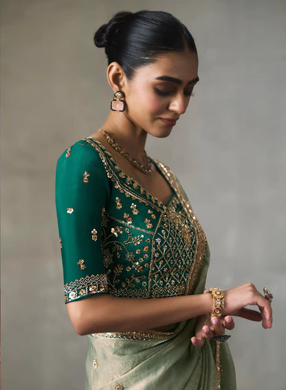 Sage Green Bead Work Party Wear Saree