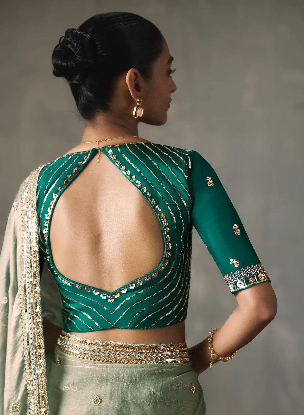 Sage Green Bead Work Party Wear Saree