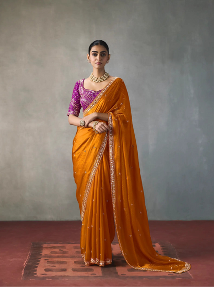 Burnt Orange Bead Work Party Wear Saree