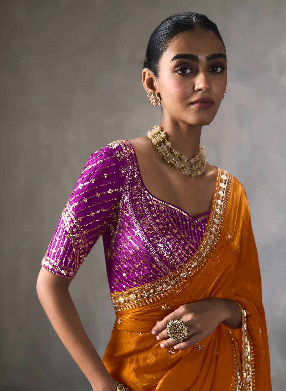 Burnt Orange Bead Work Party Wear Saree