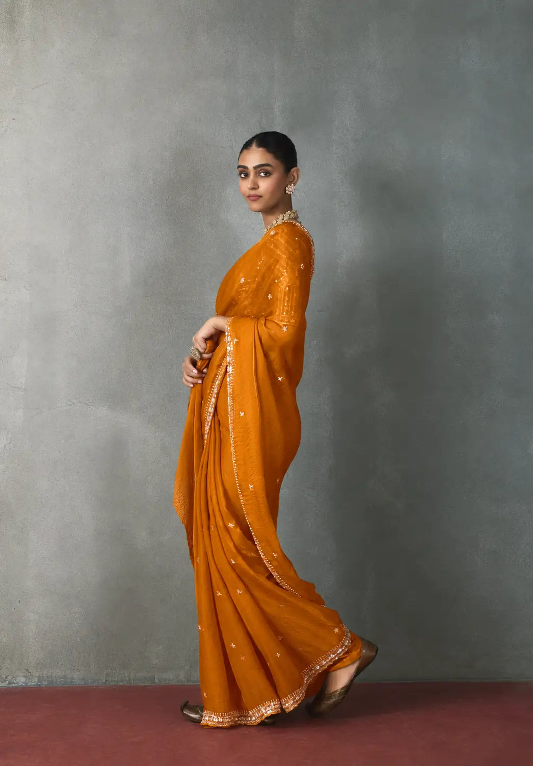 Burnt Orange Bead Work Party Wear Saree