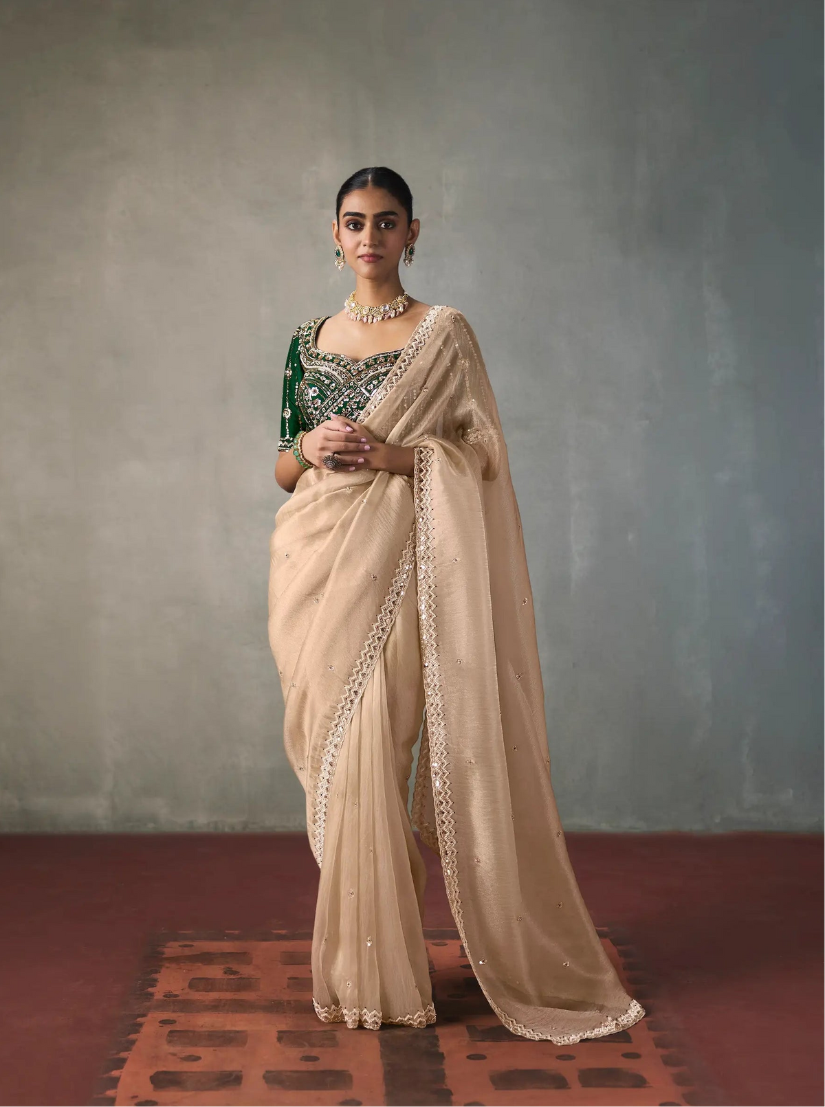 Champagne Bead Work Party Wear Saree