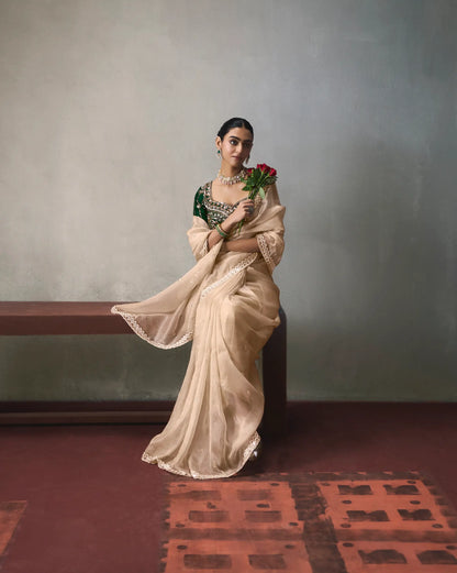 Champagne Bead Work Party Wear Saree