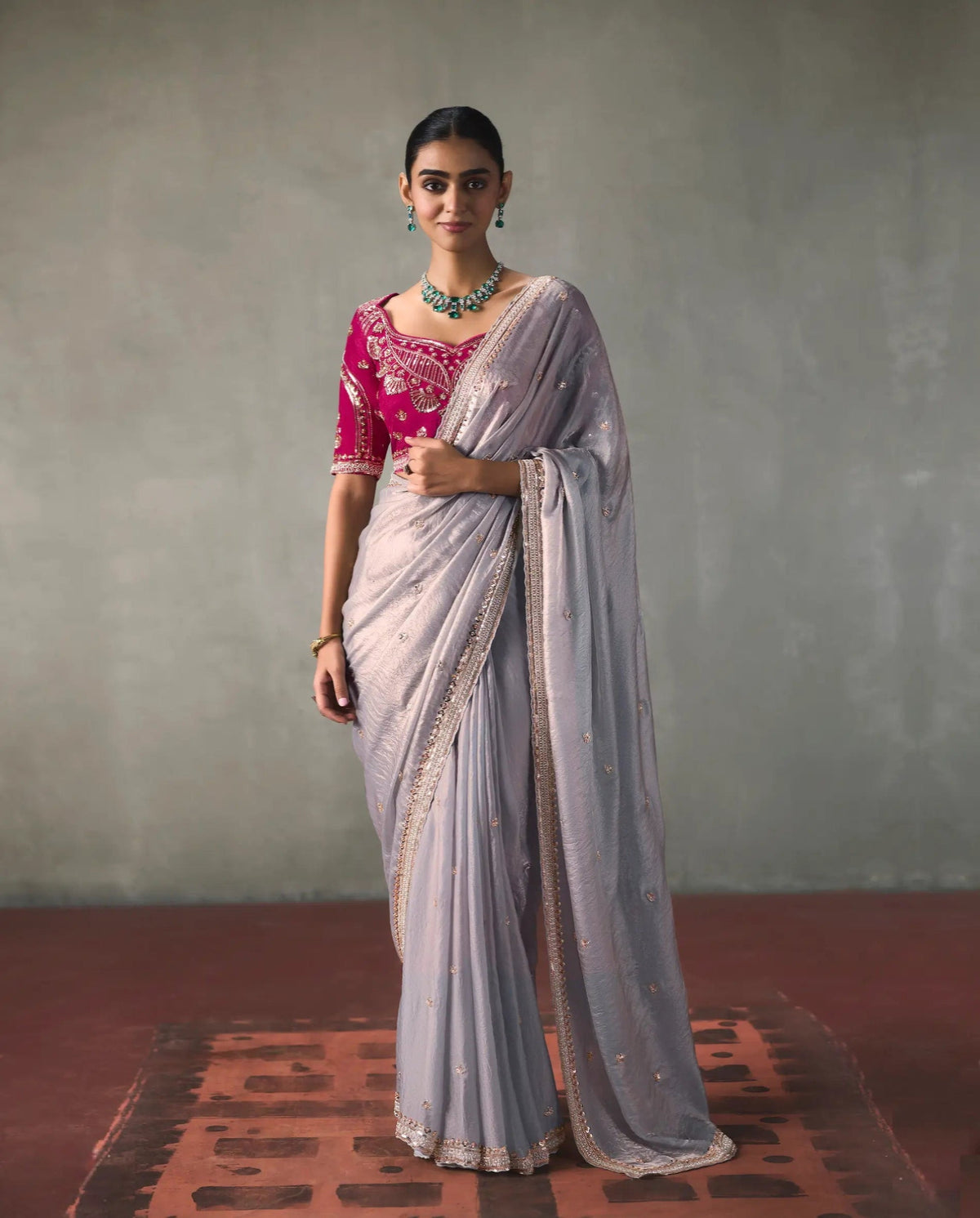 Dusty Grey Bead Work Party Wear Saree