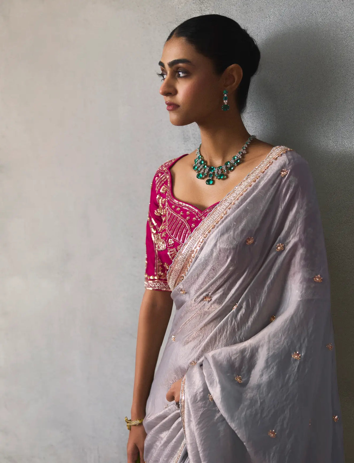 Dusty Grey Bead Work Party Wear Saree