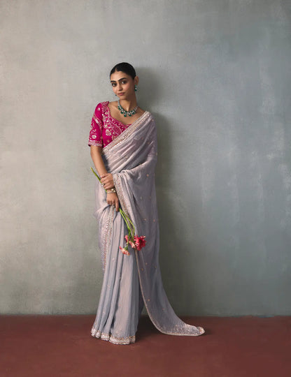 Dusty Grey Bead Work Party Wear Saree