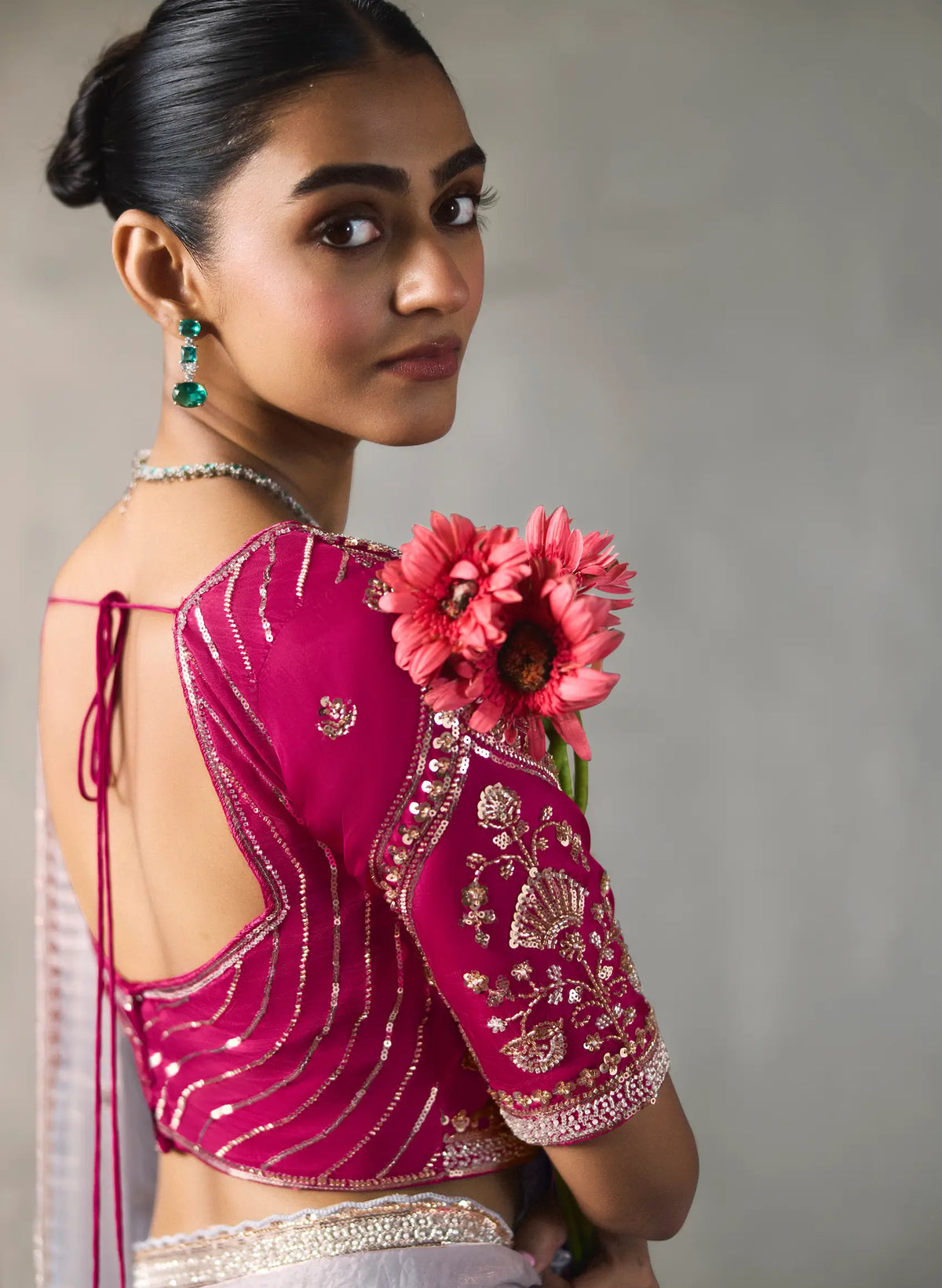 Dusty Grey Bead Work Party Wear Saree