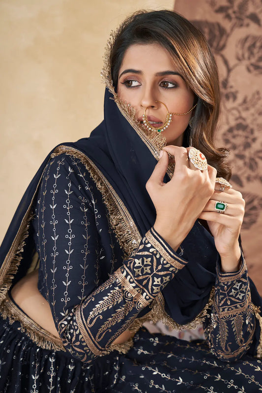 Navy Blue Georgette Pigment Foil Work Lehenga Choli