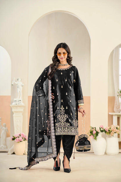Smoky Black Velvet Embroidered Salwar Suit