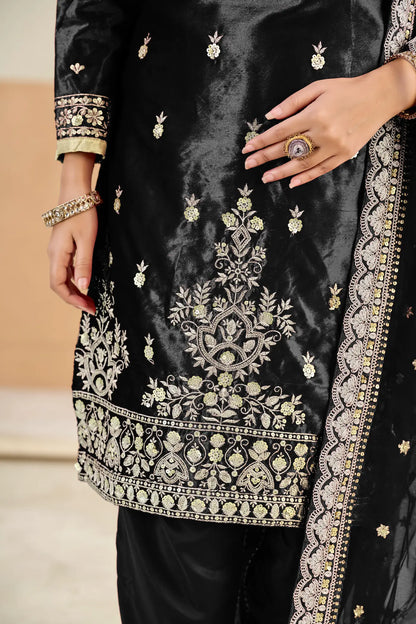 Smoky Black Velvet Embroidered Salwar Suit
