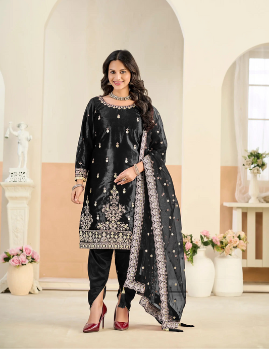 Smoky Black Velvet Embroidered Salwar Suit