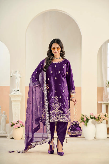 Plum Purple Velvet Embroidered Salwar Suit