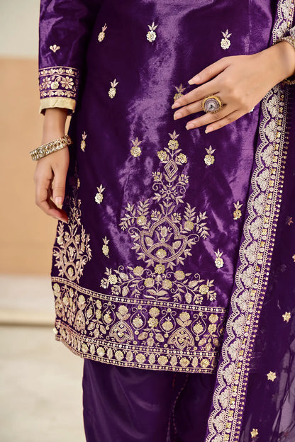 Plum Purple Velvet Embroidered Salwar Suit