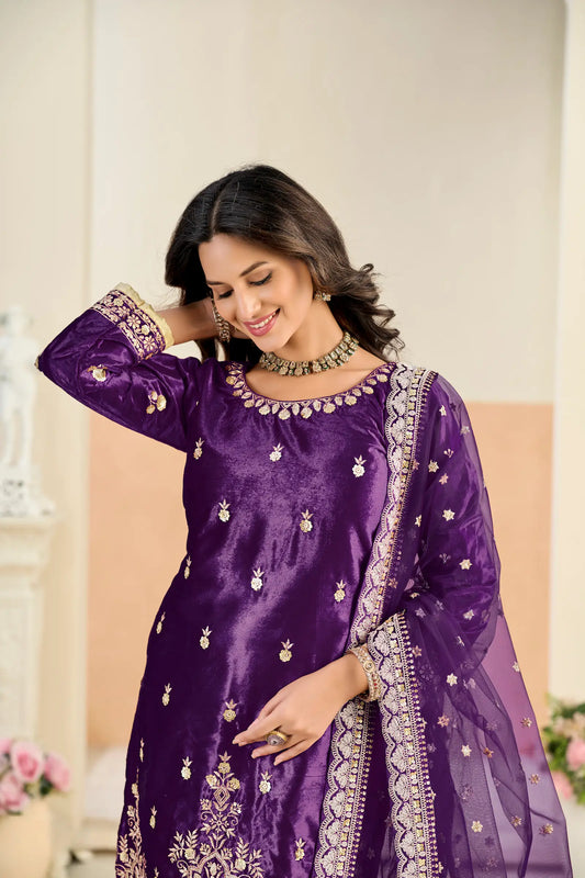 Plum Purple Velvet Embroidered Salwar Suit