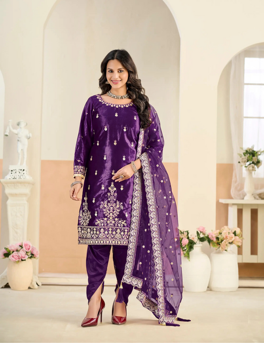 Plum Purple Velvet Embroidered Salwar Suit
