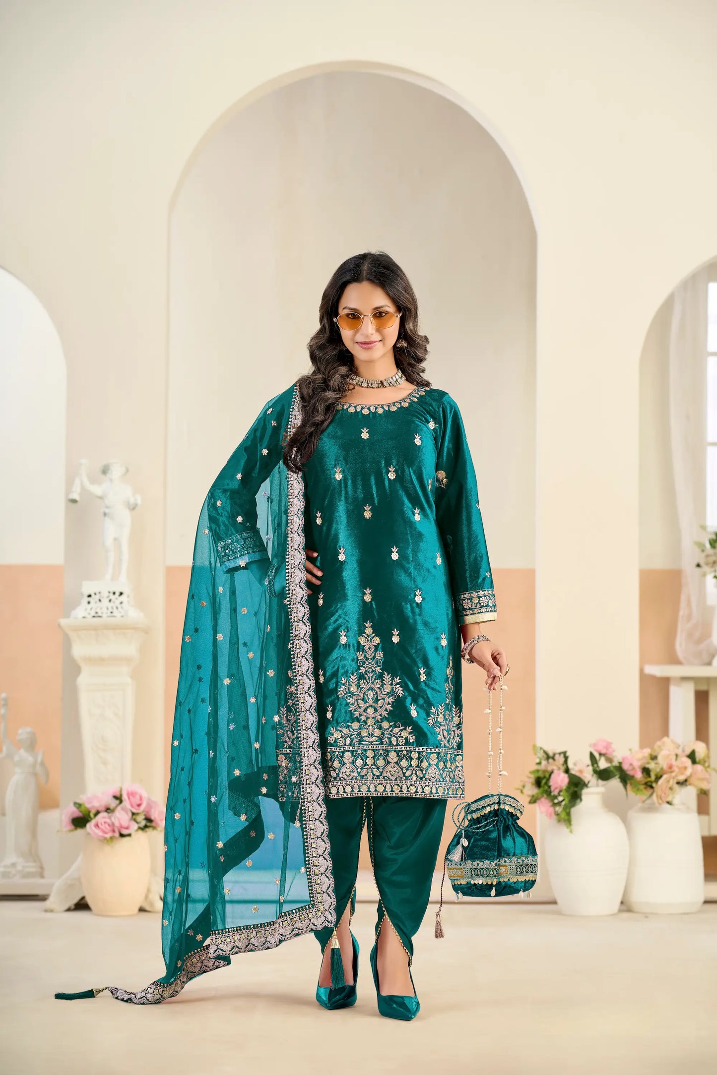 Teal Blue Velvet Embroidered Salwar Suit