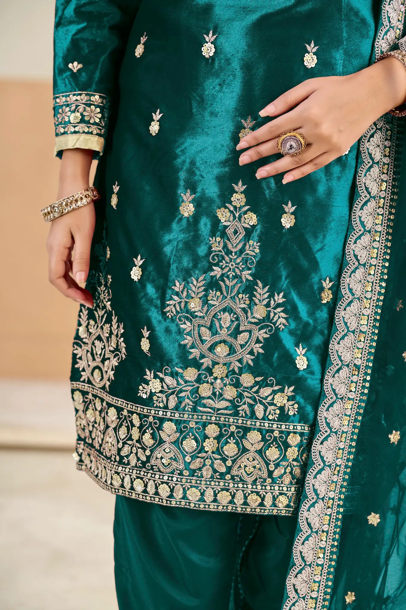 Teal Blue Velvet Embroidered Salwar Suit