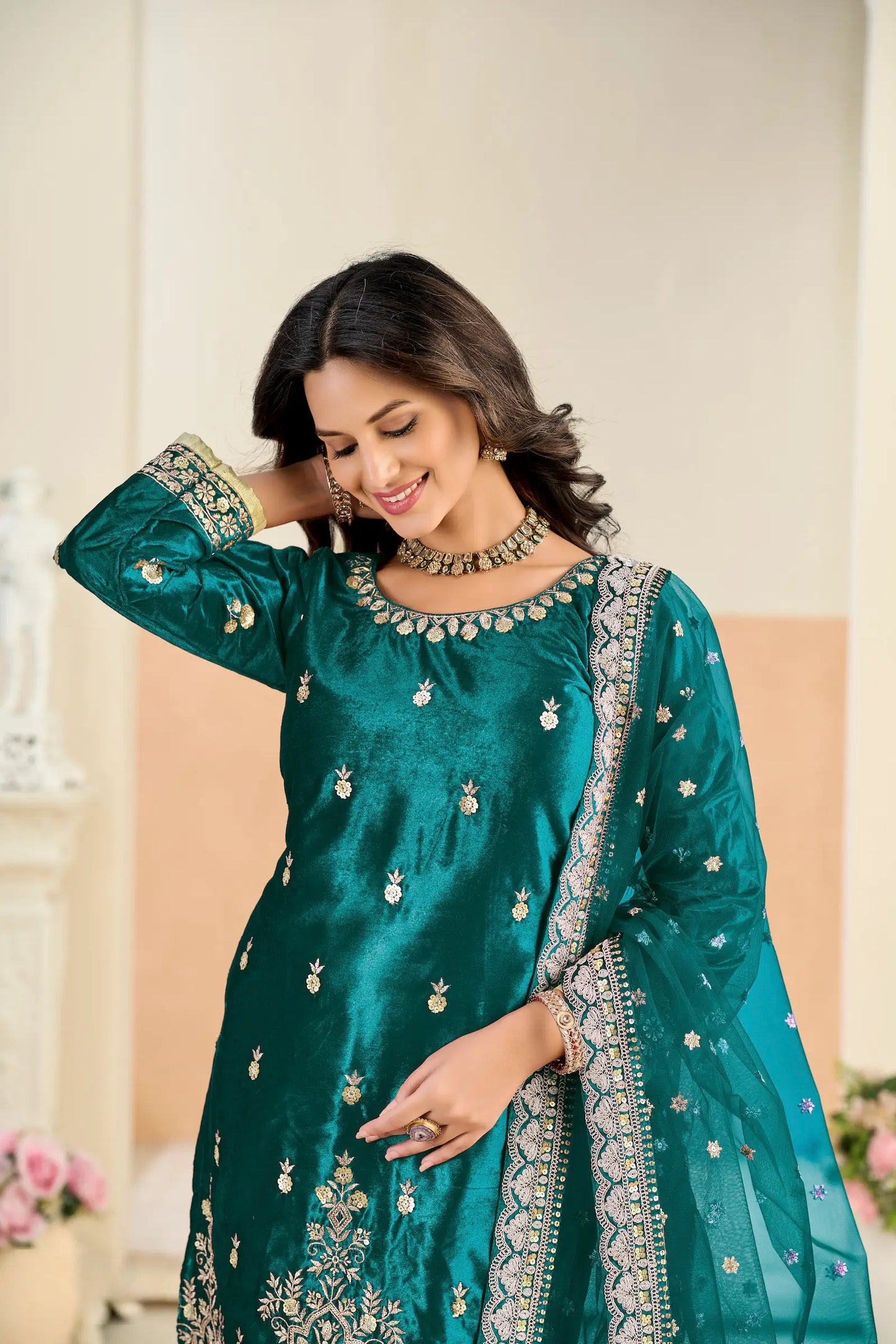 Teal Blue Velvet Embroidered Salwar Suit
