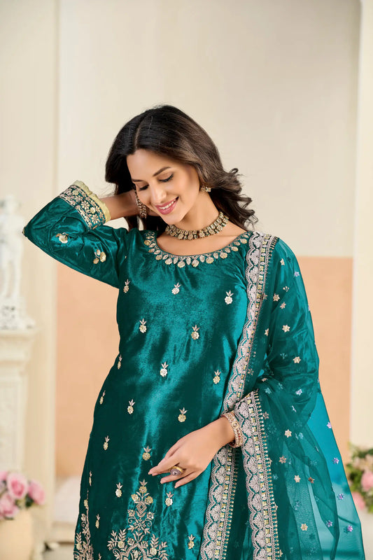 Teal Blue Velvet Embroidered Salwar Suit