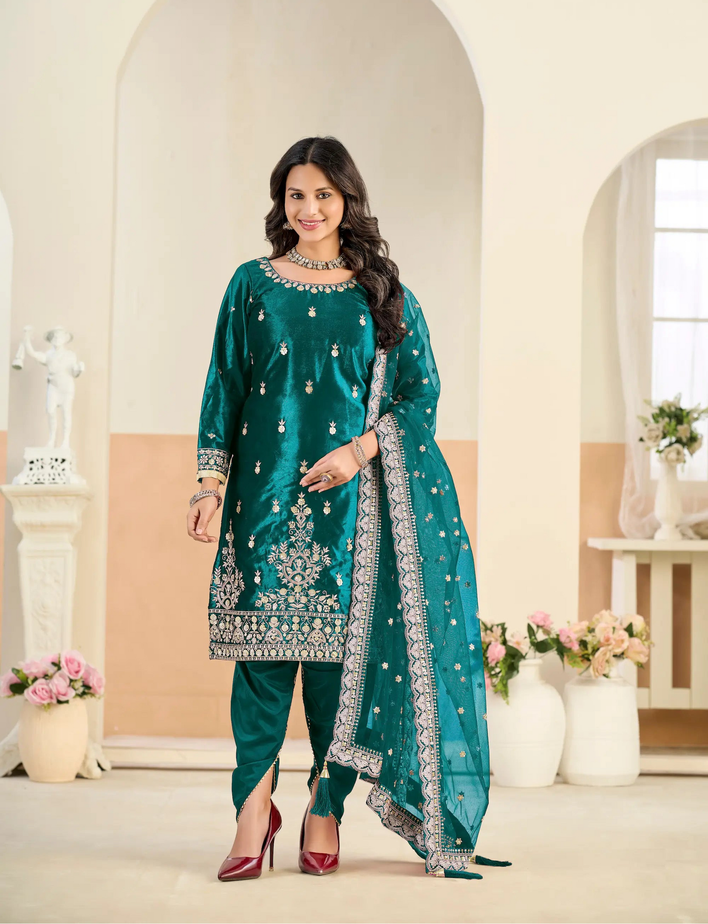 Teal Blue Velvet Embroidered Salwar Suit