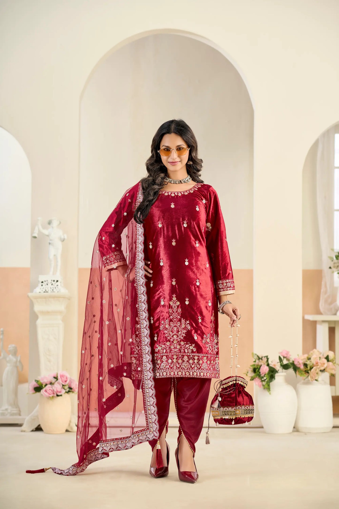 Hot Red Velvet Embroidered Salwar Suit