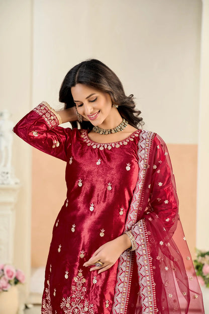 Hot Red Velvet Embroidered Salwar Suit
