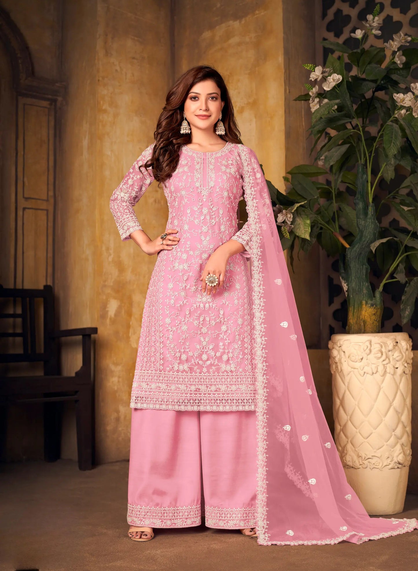 Light Pink Net Thread & Sequence Embroidery Work Salwar Suit