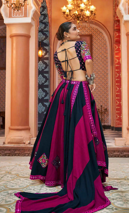 Navy Blue And Pink Embroidery With Mirror Work Navratri Lehenga Choli