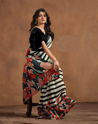 Black And White Floral Digital print Ready To Wear Saree With Hand Work Blouse