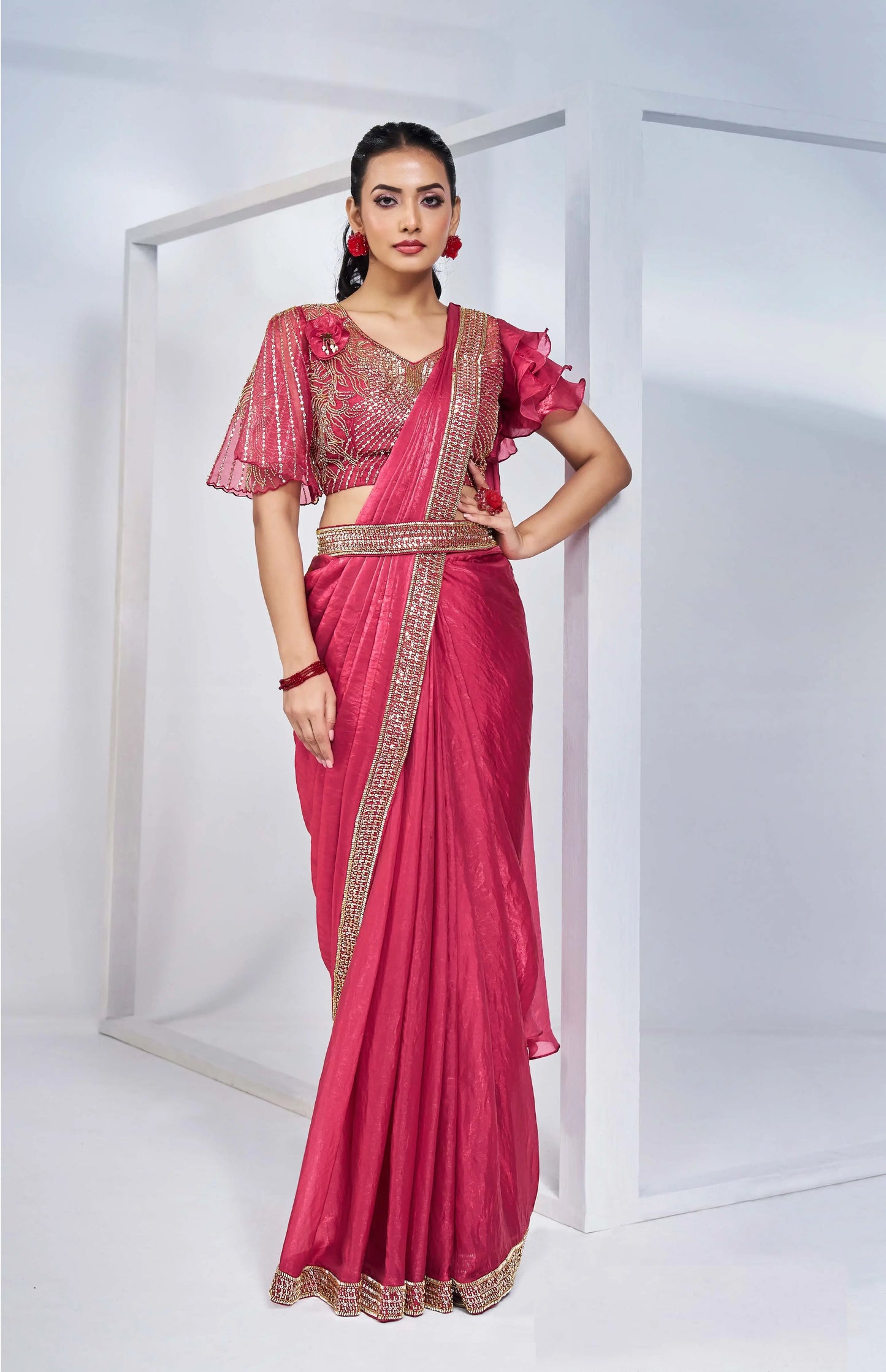 Cherry Red Satin Silk Ready To Wear One Minute Saree With Handwork Blouse