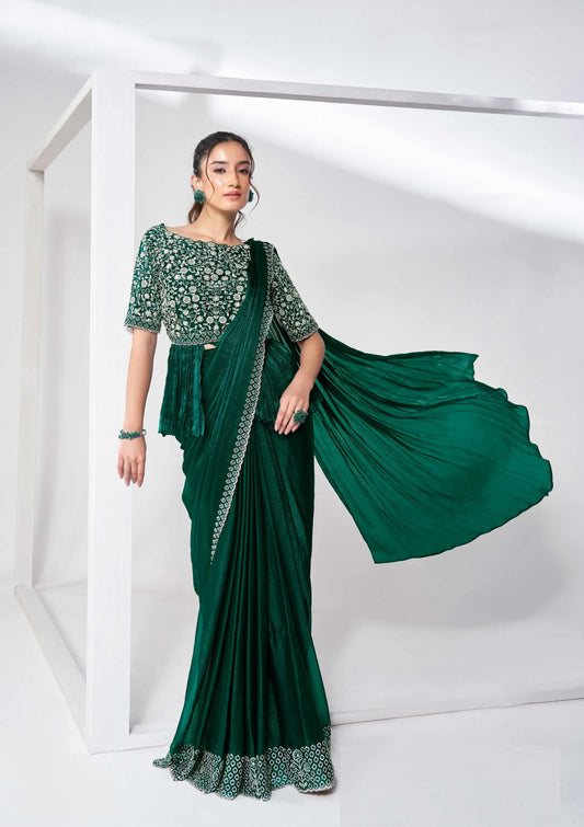 Green Satin Silk Ready To Wear One Minute Saree With Handwork Blouse