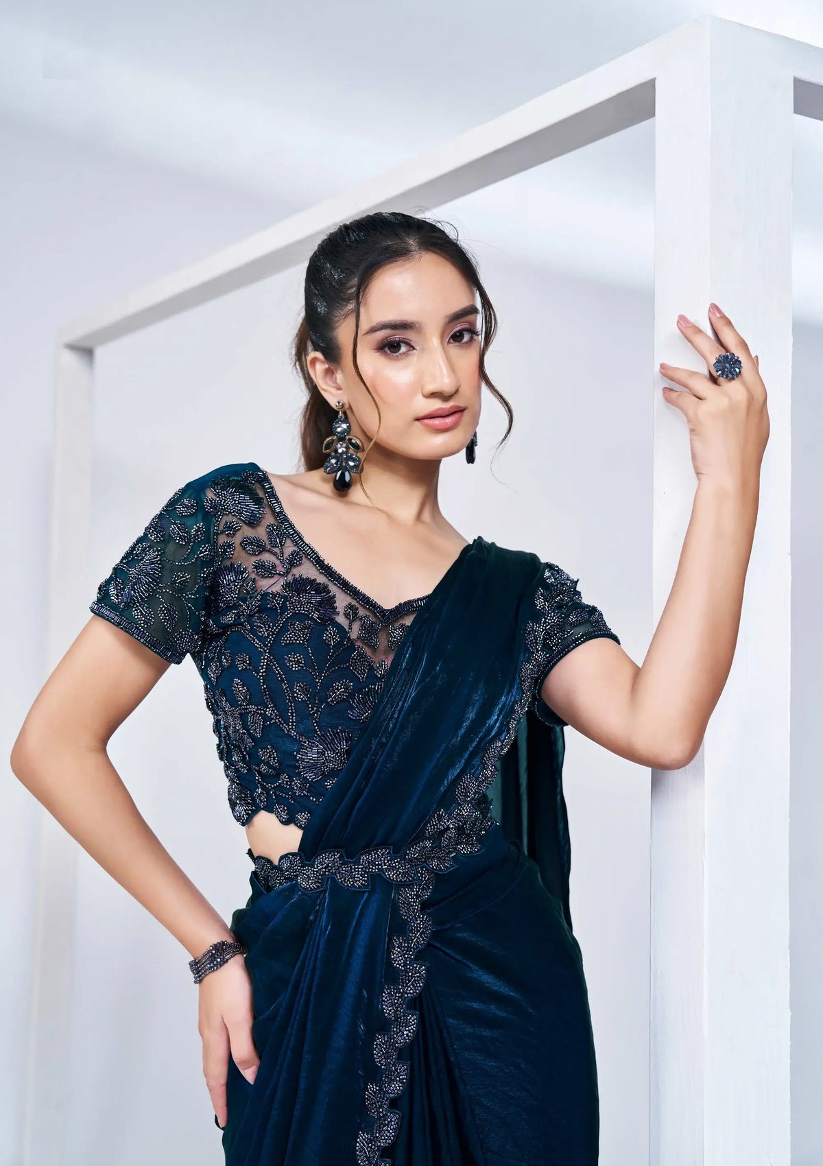 Navy Blue Satin Silk Ready To Wear One Minute Saree With Handwork Blouse