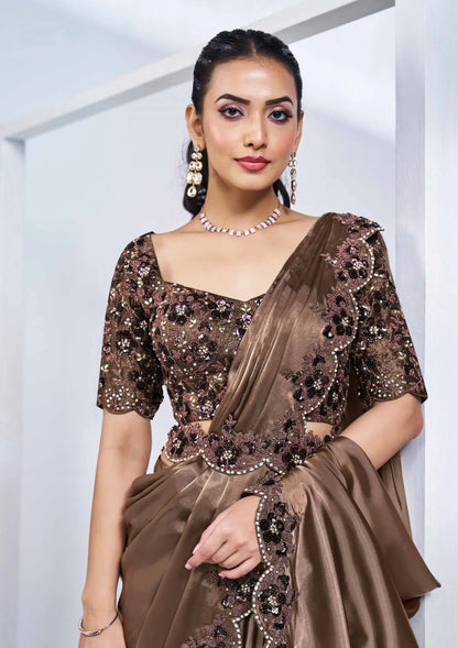 Coffee Satin Silk Ready To Wear One Minute Saree With Handwork Blouse