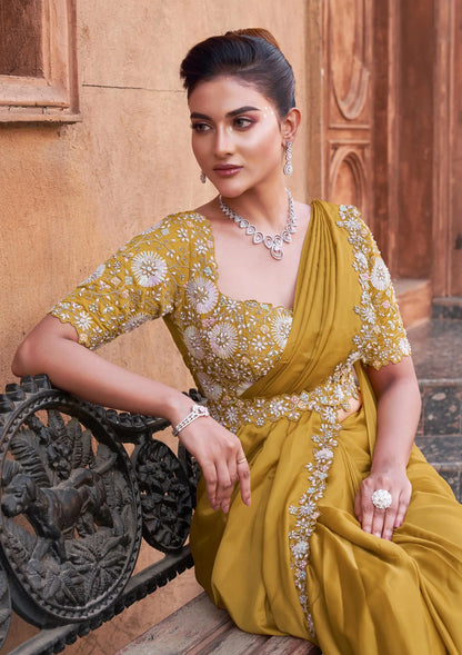 Yellowish Orange Pearl With Hand Work Ready To Wear Saree With Belt