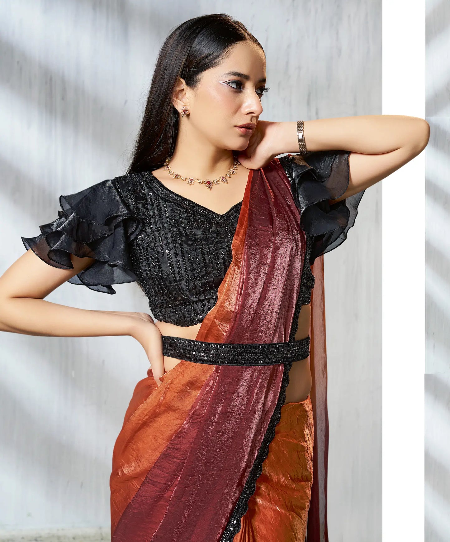 Orange-Brown Shaded Satin Silk Beads Work One Minute Saree