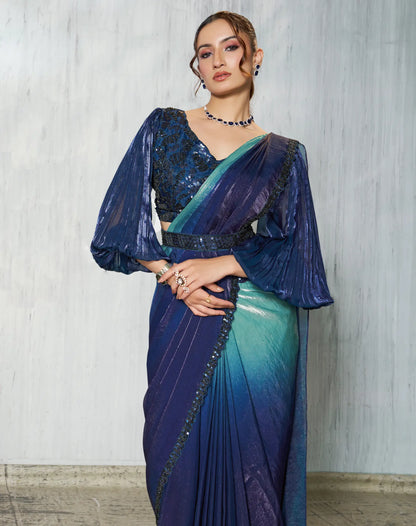 Navy Blue Shaded Satin Silk Beads Work One Minute Saree