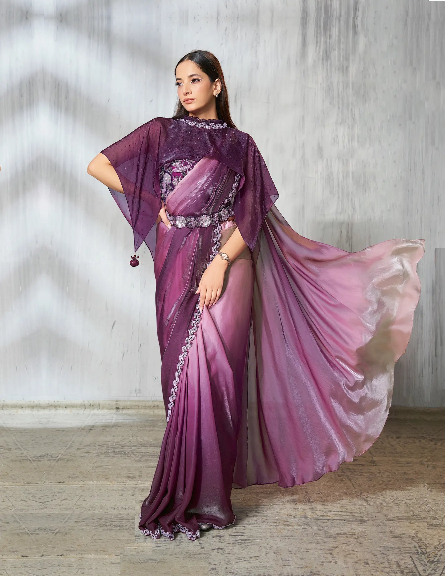 Grape Purple Shaded Satin Silk Beads Work One Minute Saree