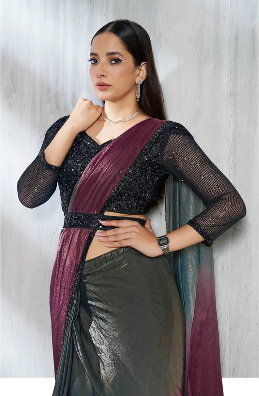 Grey-Wine Shaded Satin Silk Beads Work One Minute Saree