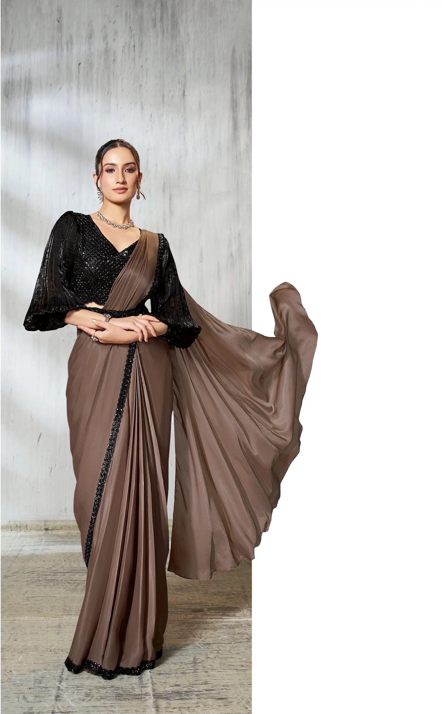 Pastel Brown Shaded Satin Silk Beads Work One Minute Saree