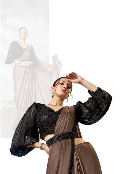 Pastel Brown Shaded Satin Silk Beads Work One Minute Saree